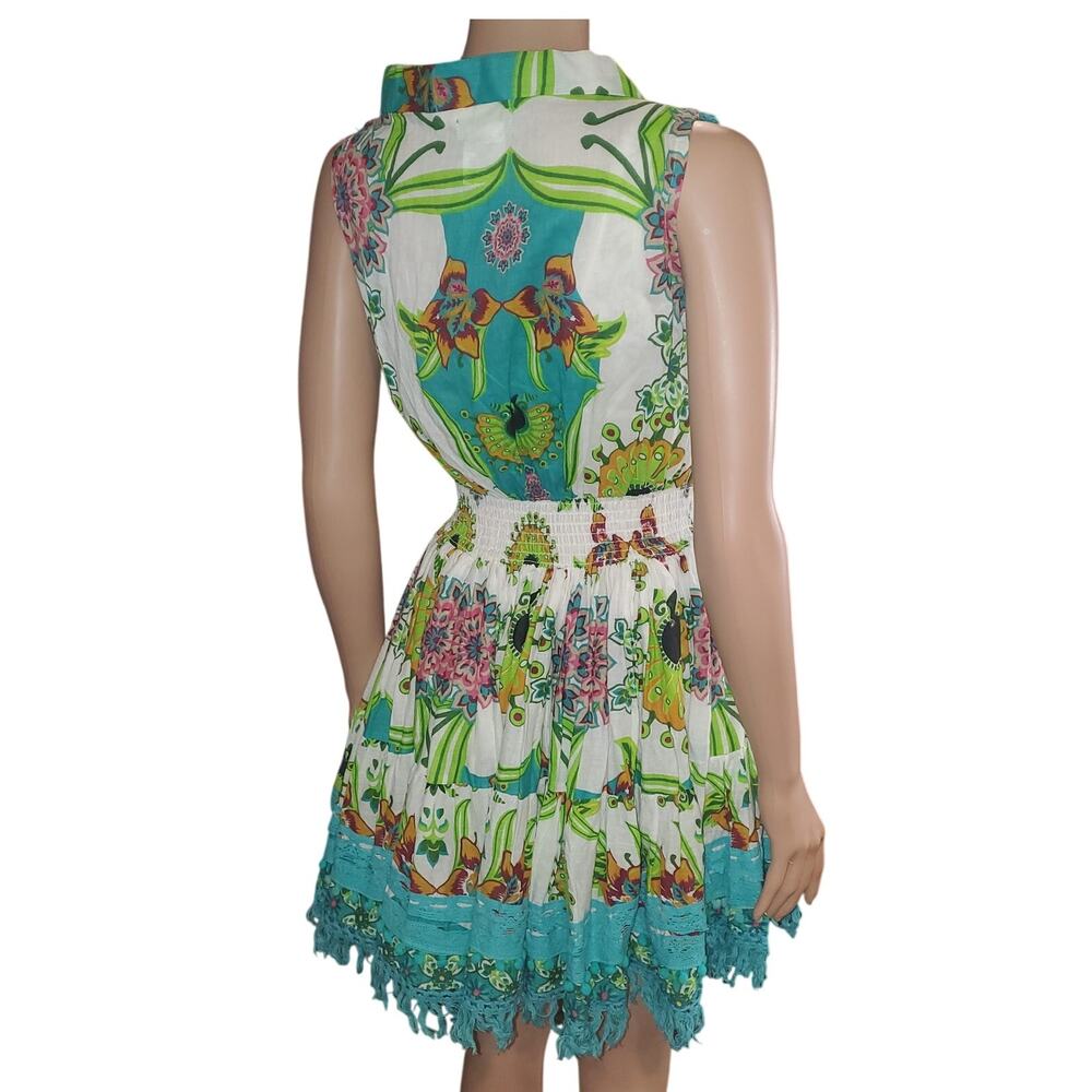 Antica Sartoria Dress 2024 One Size Cotton Boho Positano Aqua Fringe Mini Resort - Picture 6 of 12